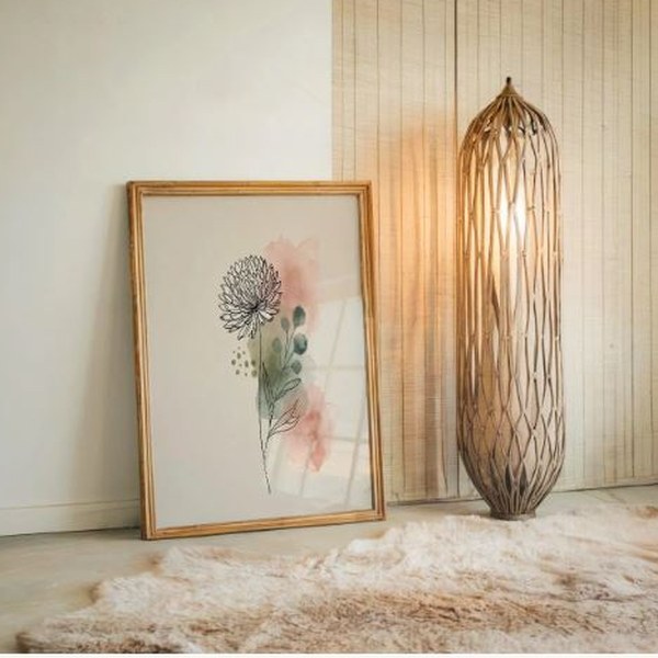 Framed botanical line-art print of a wildflower with a blush watercolour wash